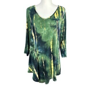 Ninedaily Top Women Sz XXL Green Yellow Rayon Stretch Asymetric Boho Artsy Tunic